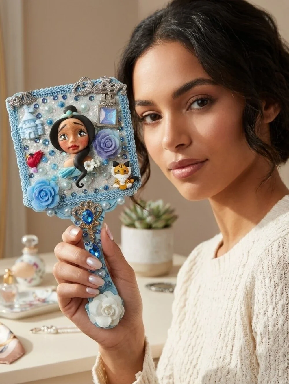 Princess Jasmin Handheld Beauty Makeup Mirror Clay Doll Embellished Fashion Blue